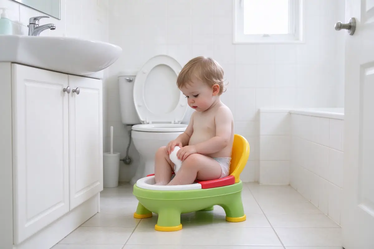Toddler sitting on colorful potty chair in bright clean bathroom, potty training