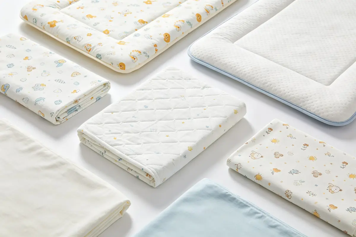 Different baby crib mattresses and bedding laid flat including waterproof cover, fitted sheet, and quilted pad on white background