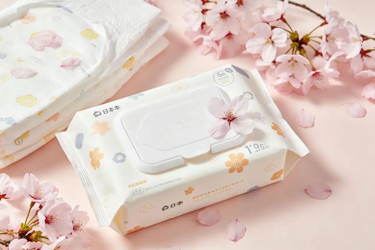 Japanese quality baby products with cherry blossom flat lay