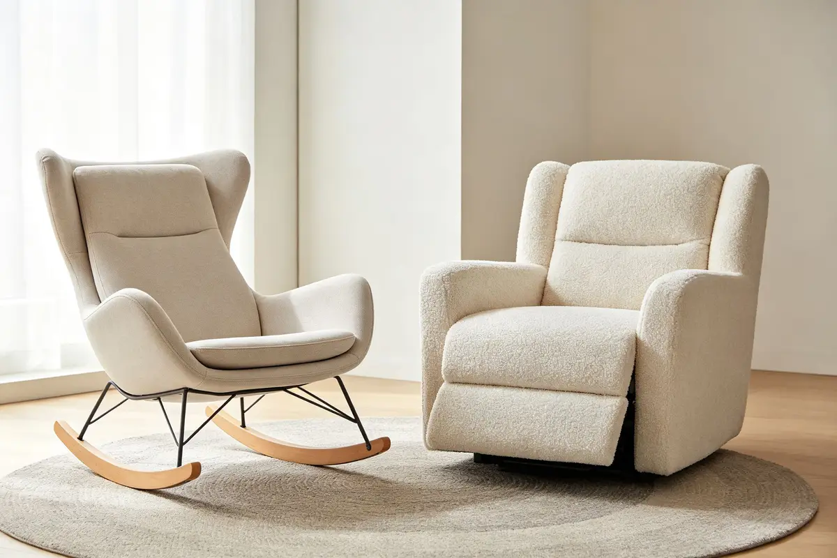 Two styles of nursery seating including modern upholstered glider rocker and plush recliner armchair on rug