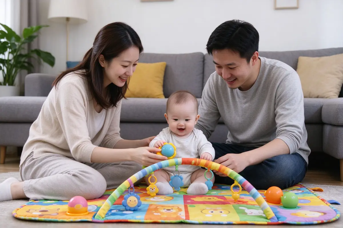 Family playing together on a colorful baby play mat in a living room