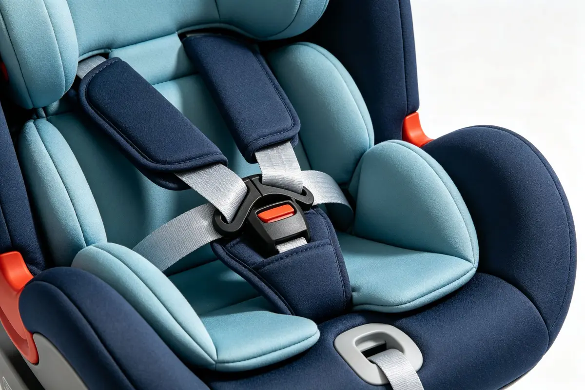 Close-up detail of baby car seat safety features including padded 5-point harness, comfortable padding, and adjustable headrest on white background