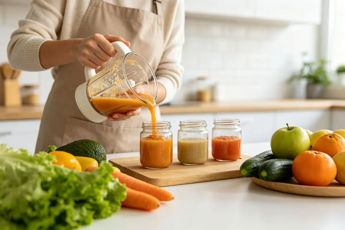 Mother pouring homemade baby food into small glass storage jars in kitchen