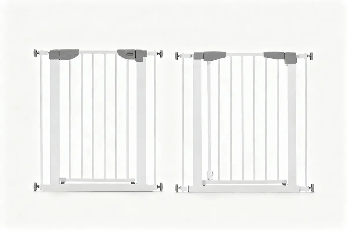 Two types of baby safety gates including pressure-mounted walk-through and hardware-mounted retractable gates on white background
