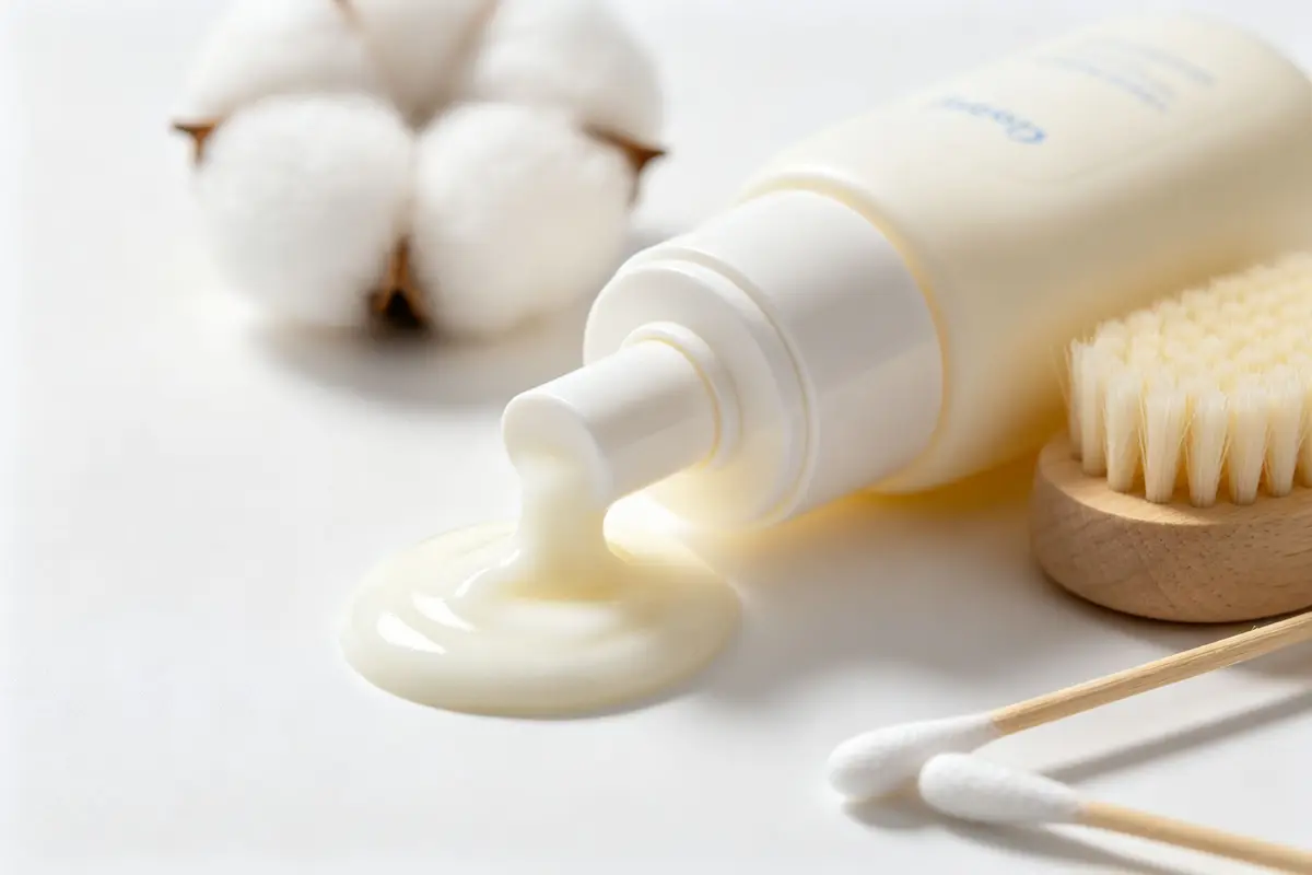 Close-up of a baby lotion pump bottle with soft cream texture visible, surrounded by cotton swabs and a soft brush on clean white background, product photography