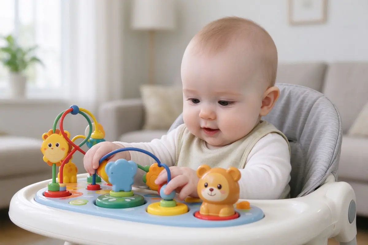 A baby sitting in a sit-me-up seat playing with a toy tray, close-up