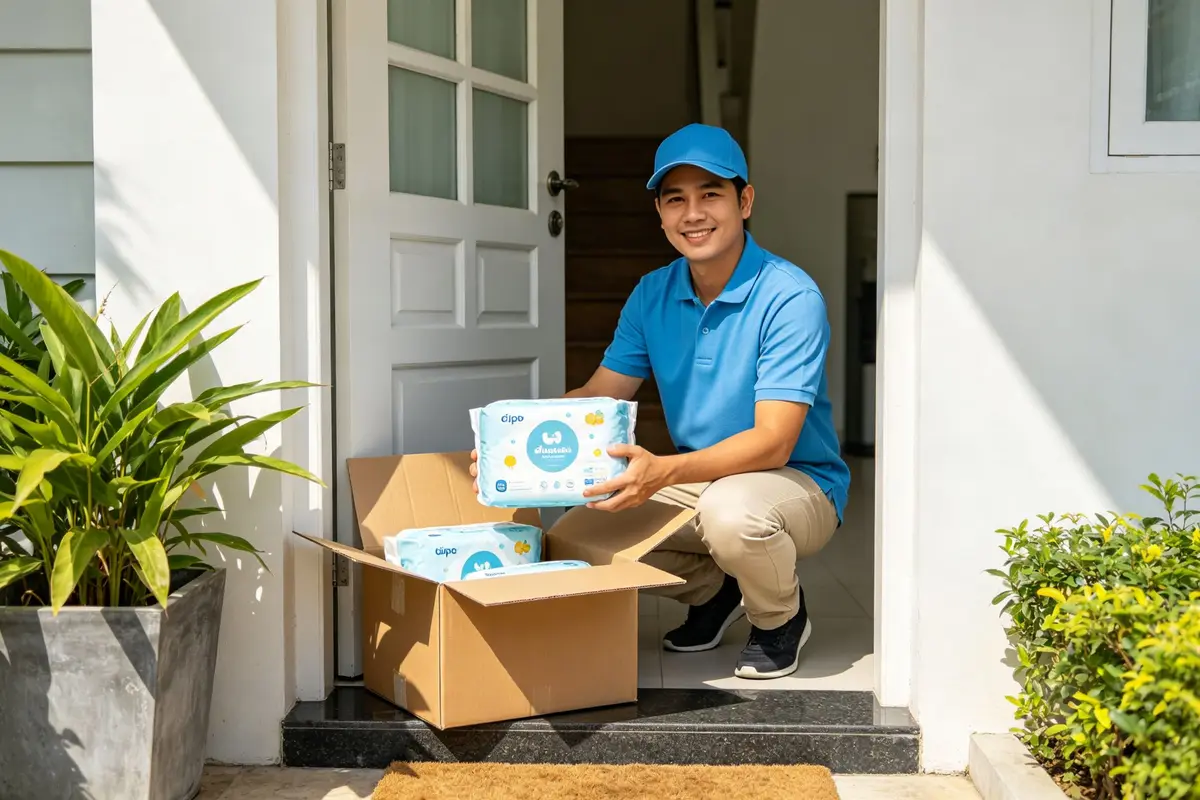 Diaper subscription delivery box at doorstep