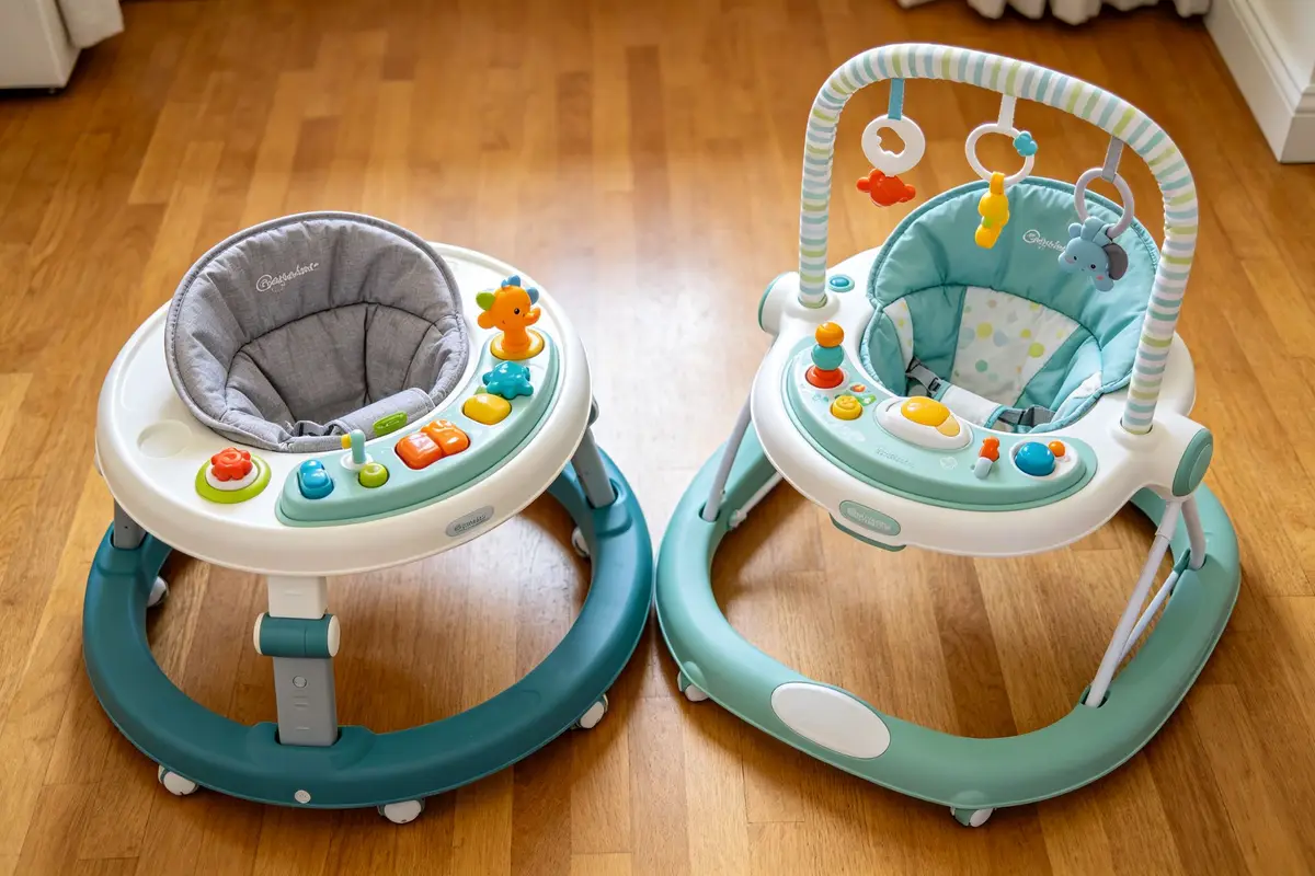 Two types of baby activity centers including round exersaucer with rotating seat and jumperoo with overhead toy bar