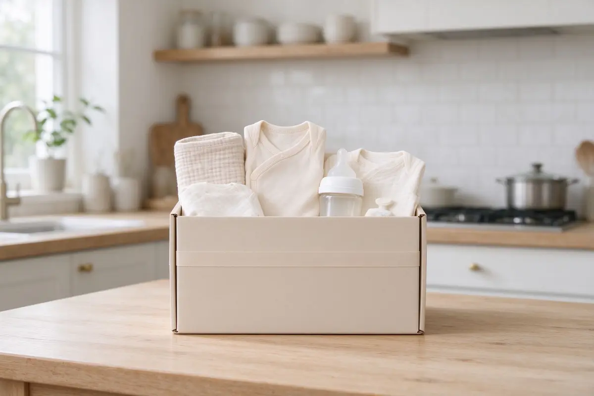 Closed beige subscription box with unbranded baby products on a kitchen table, minimalist
