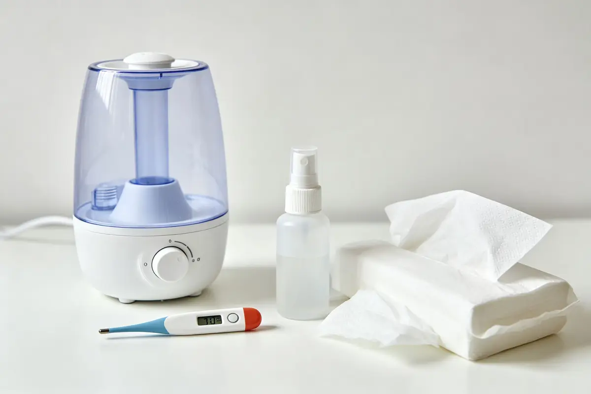 Baby nursery health essentials cool-mist humidifier digital thermometer saline spray tissues on white surface