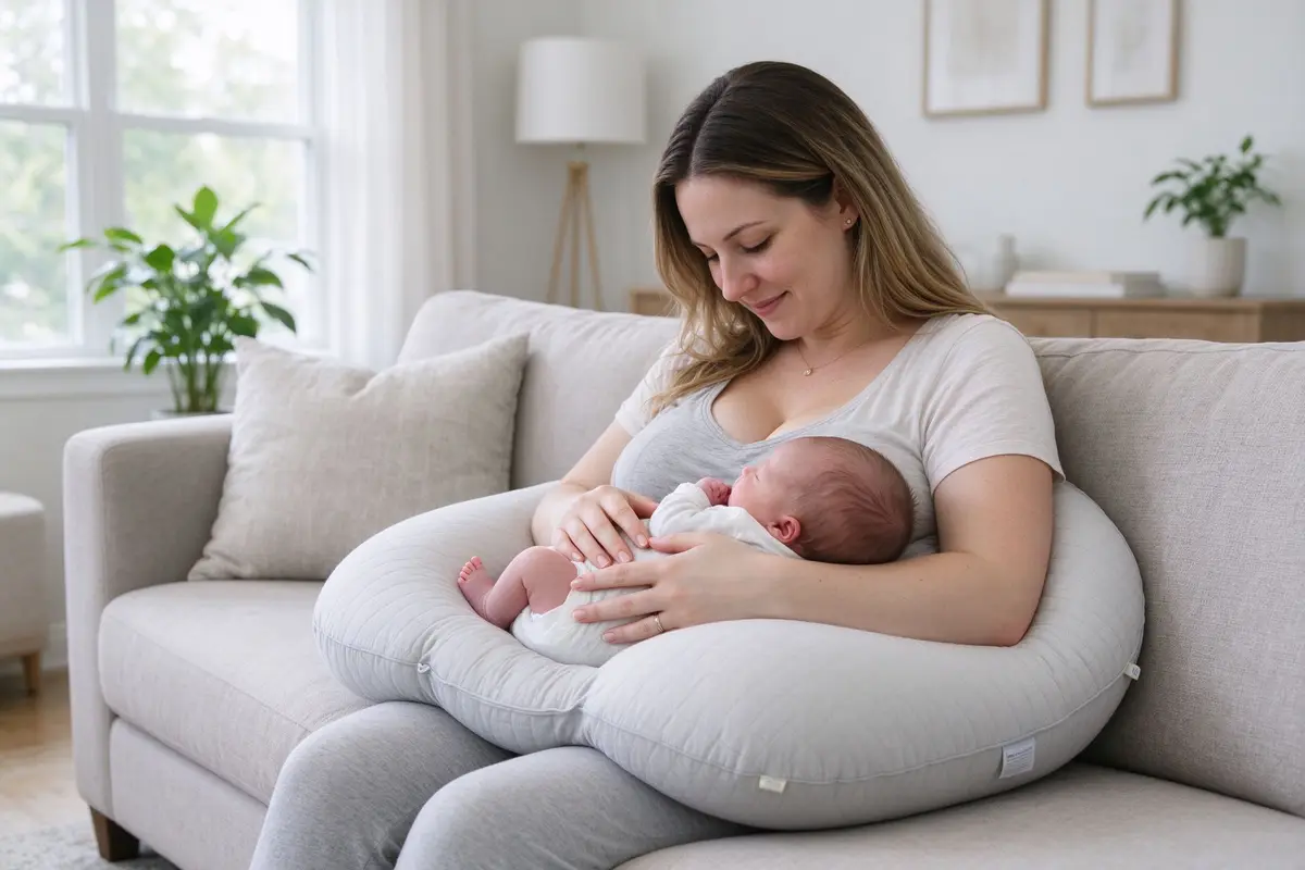 Mother holding her newborn baby resting on a U-shaped nursing pillow on a sofa