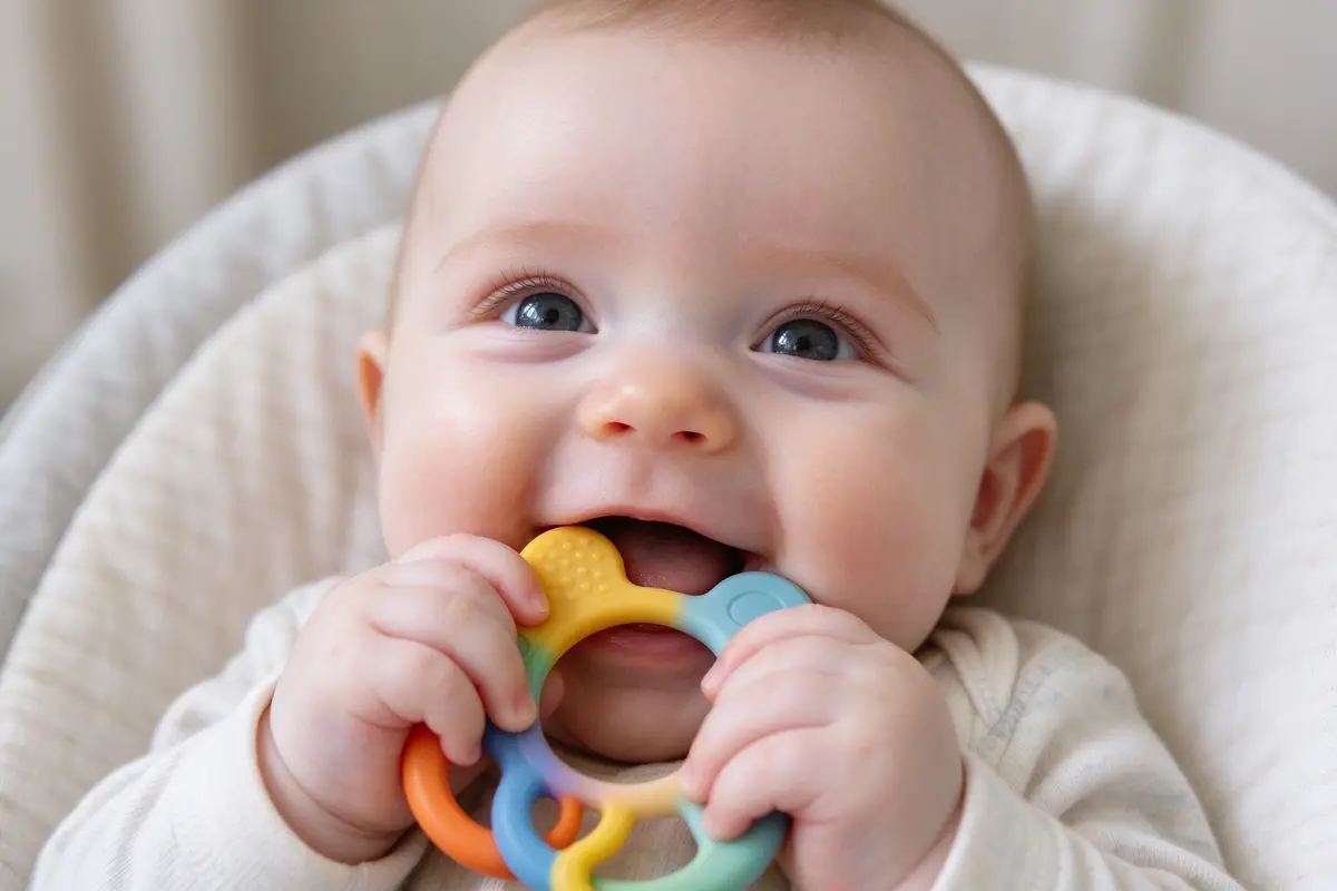 Happy baby chewing on a colorful silicone teether toy, close-up, soft natural light