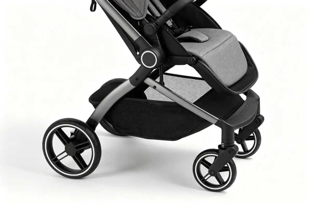 Close-up of stroller features including swivel wheels, under-seat storage basket, adjustable handlebar, and fabric canopy on white background