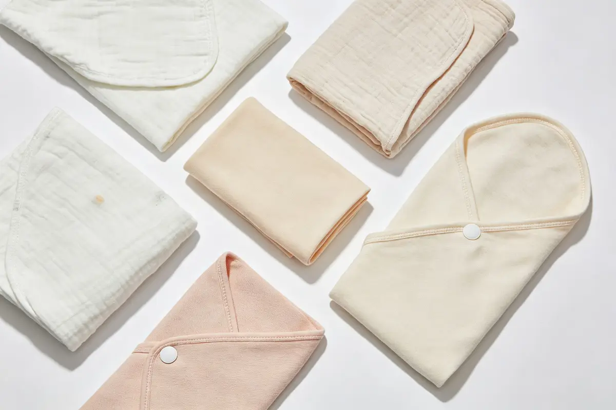 Different swaddle blankets laid flat including muslin cotton, bamboo, stretchy knit, and velcro swaddle wrap in neutral colors