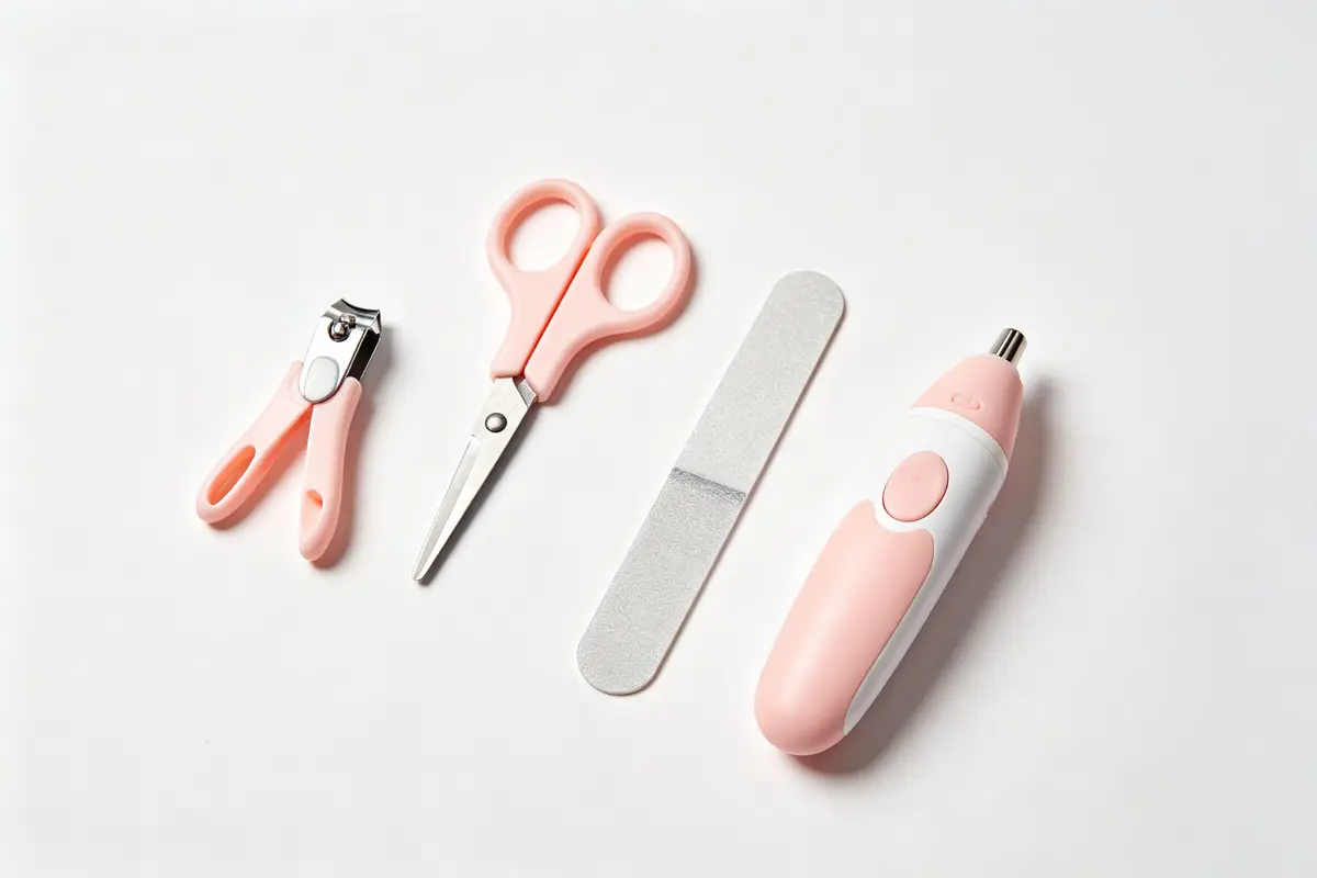 Baby nail care kit including clippers, rounded scissors, nail file, and electric nail trimmer on white background