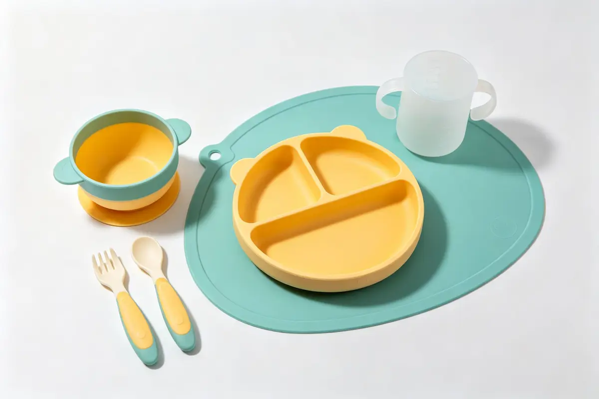 Baby feeding set components including silicone suction bowl, divided plate, soft spoon, fork, training cup, and silicone placemat on white background