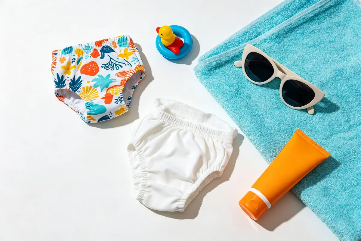 Baby swim essentials flat lay including reusable and disposable swim diapers pool toy beach towel sunscreen and sunglasses on white surface