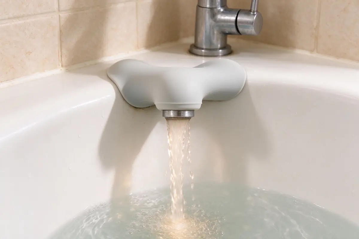 Soft silicone faucet protector covering bathtub spout with warm water flowing into bath
