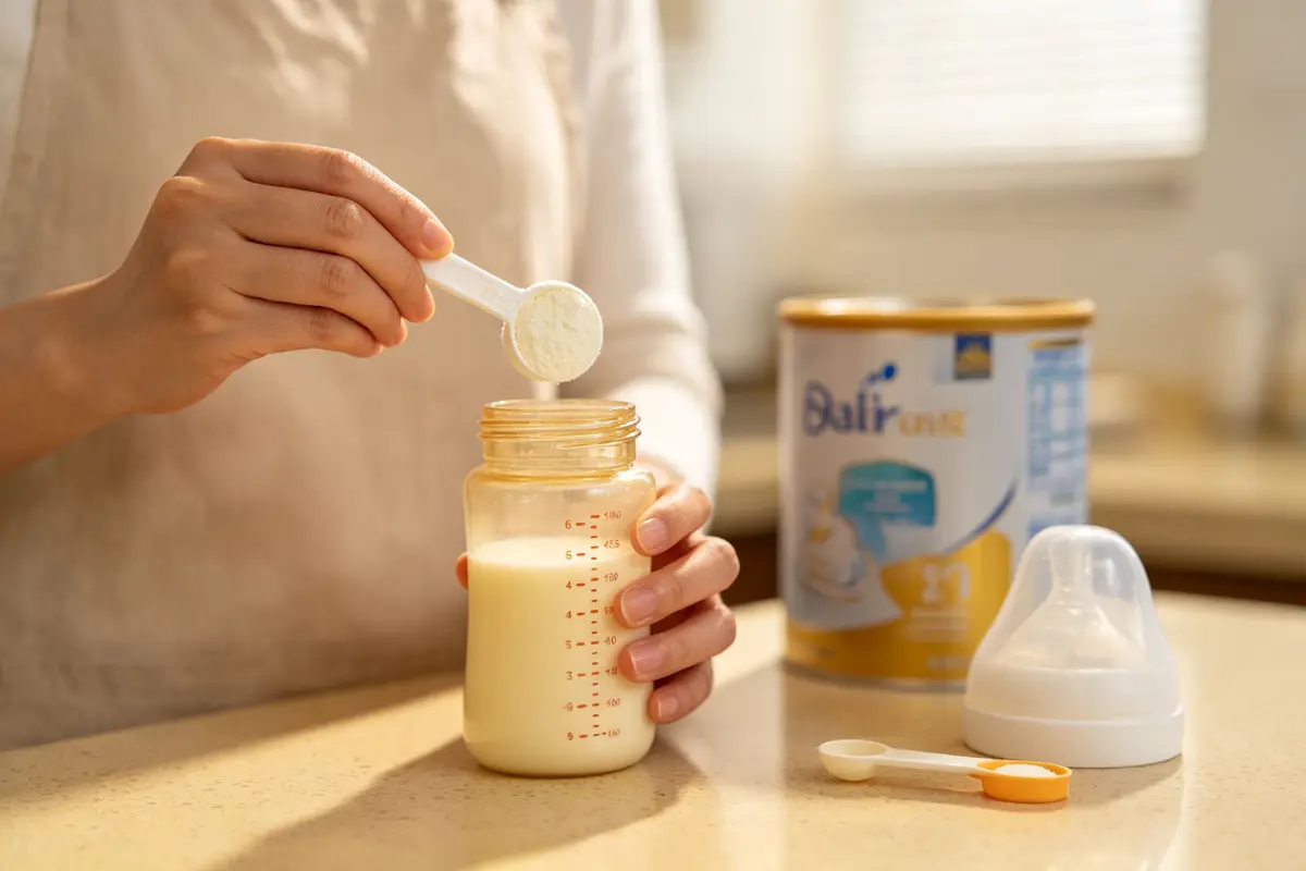Mother preparing baby formula in bottle kitchen