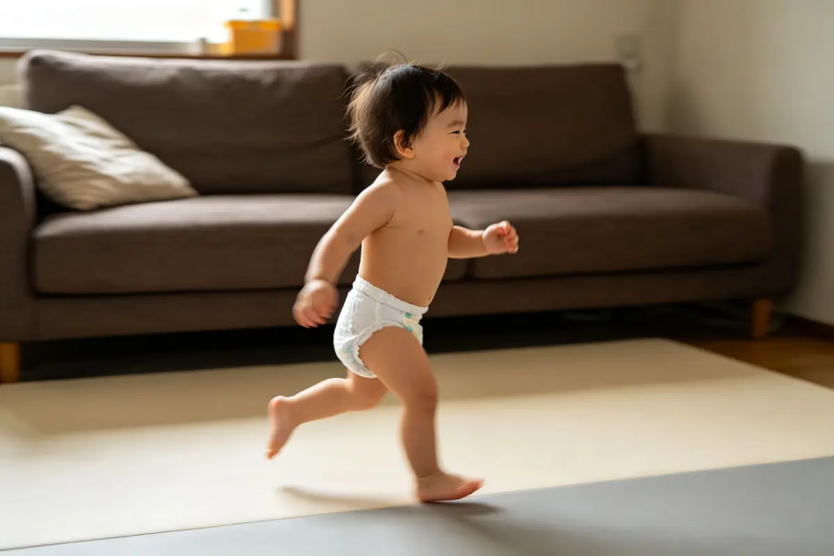 Toddler baby running and playing in diaper pants