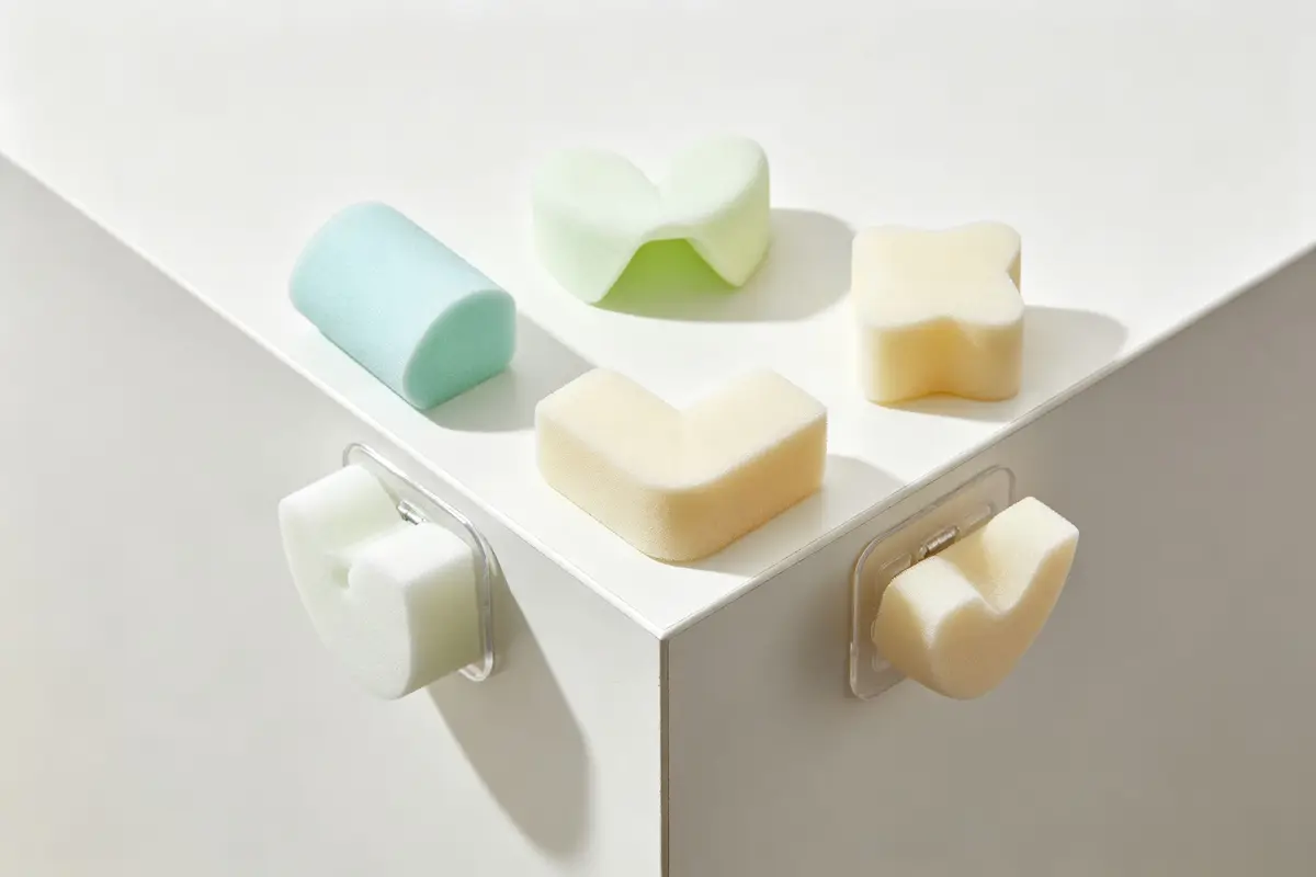 Close-up of soft foam baby corner protectors in various shapes attached to furniture corners, showing different installation types on clean white background, product photography