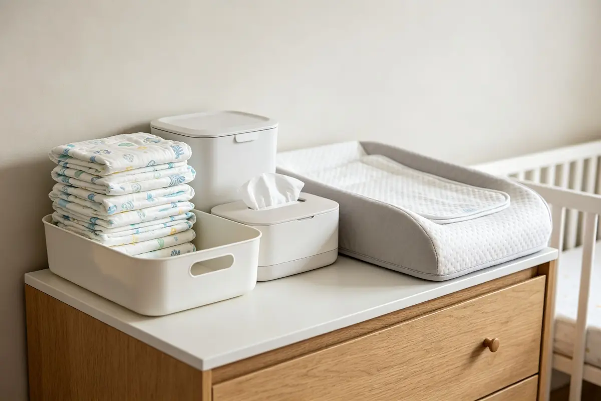 Baby diaper changing station with pail stack of diapers wipes dispenser on dresser