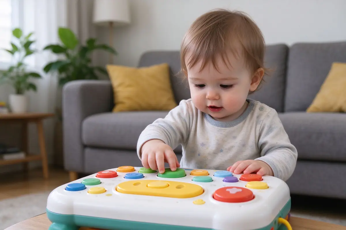 A toddler pressing buttons on an interactive talking toy, colorful plastic, living room