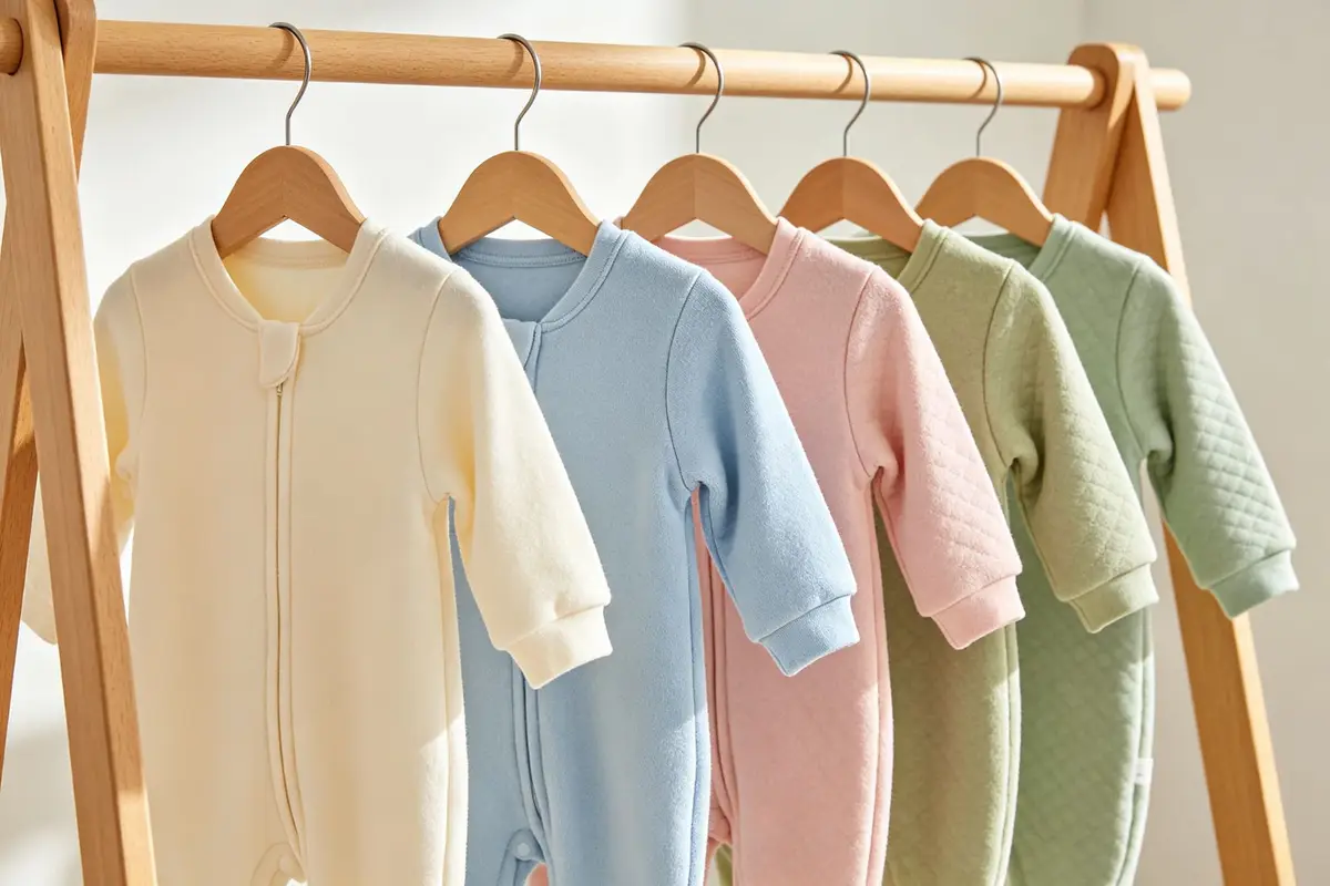Collection of baby sleep sacks in different sizes and soft colors hanging on a wooden clothing rack