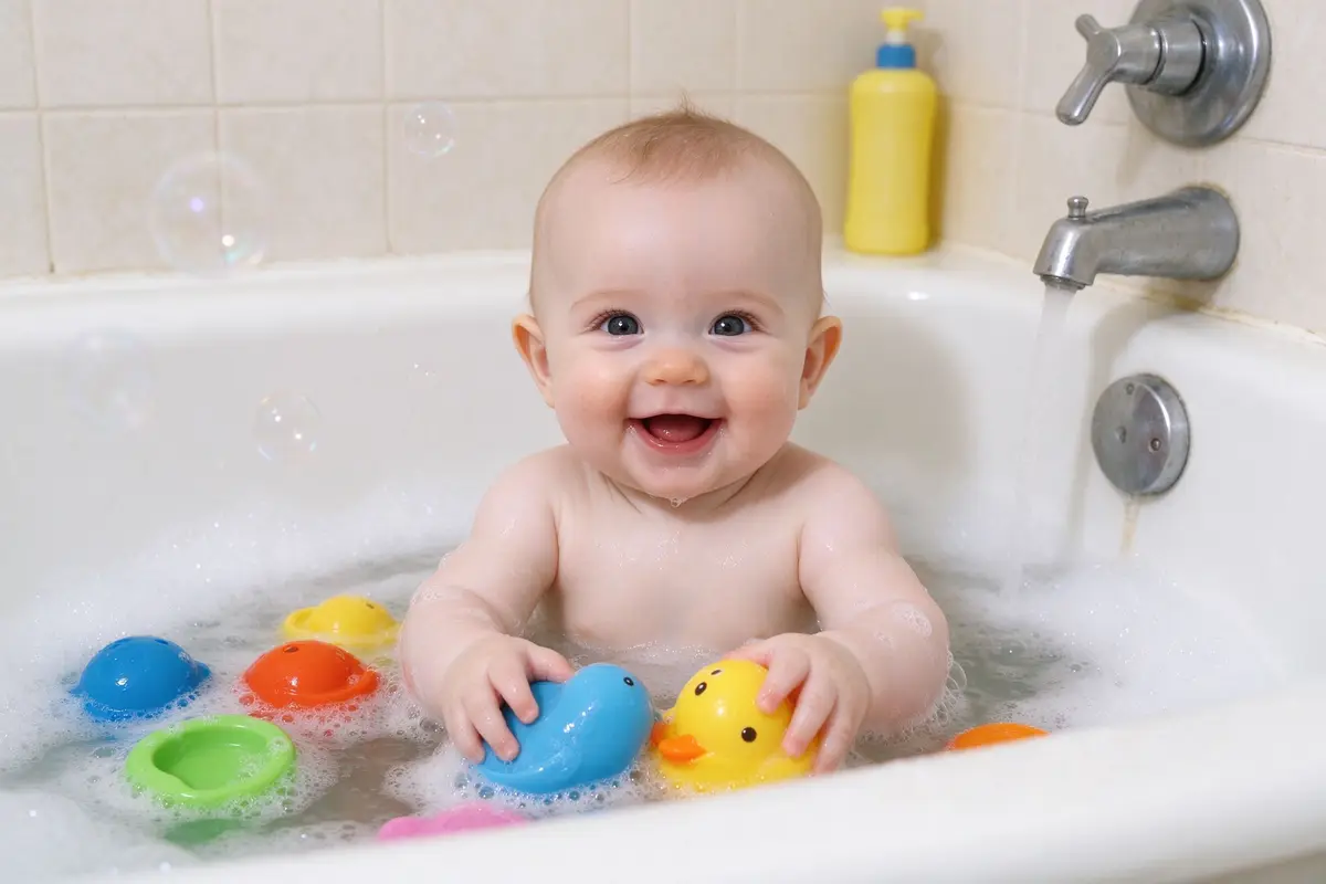 A happy baby playing with colorful bath toys in a bathtub, bubbles