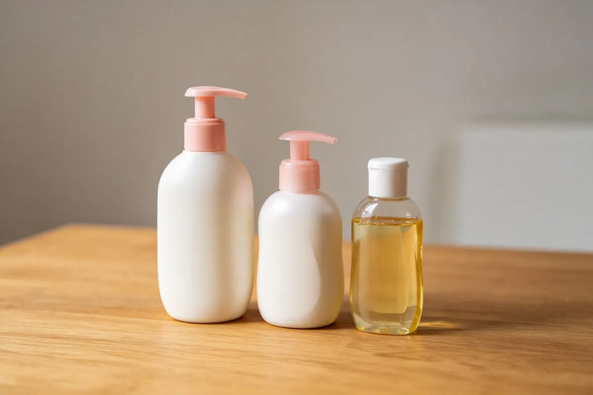 Baby skincare products: lotion, shampoo, body wash, baby oil on wooden table