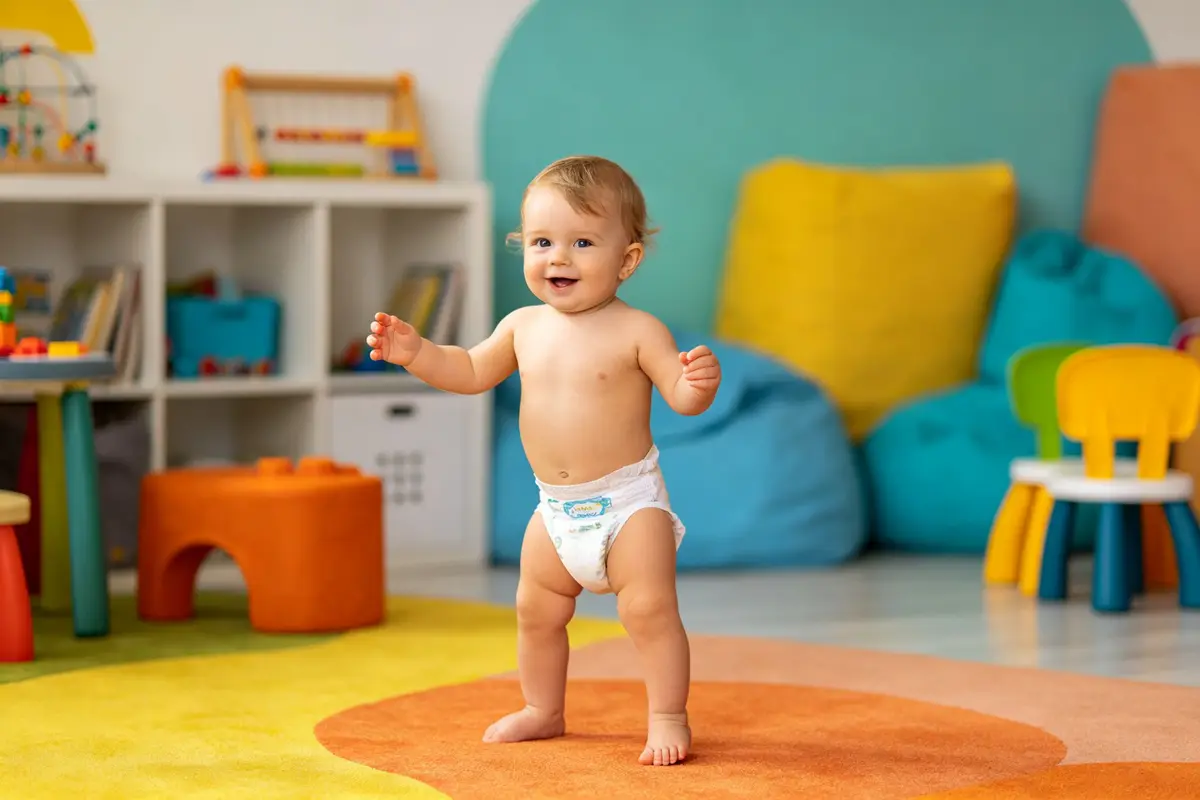 Active toddler baby standing and playing in diaper pants