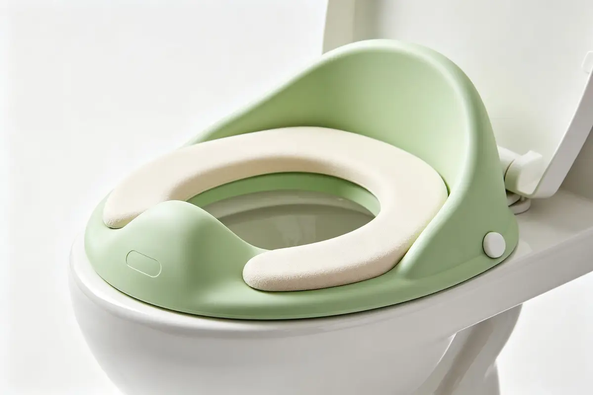 Close-up of a child toilet seat reducer showing soft cushion, adjustable splash guard, and secure fit design on clean white background, product photography