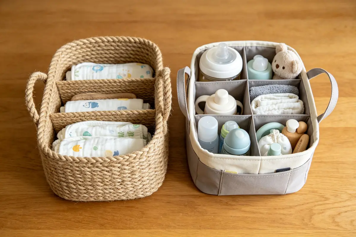 Two styles of diaper caddies including woven rope caddy and portable folding organizer with baby essentials on wooden surface