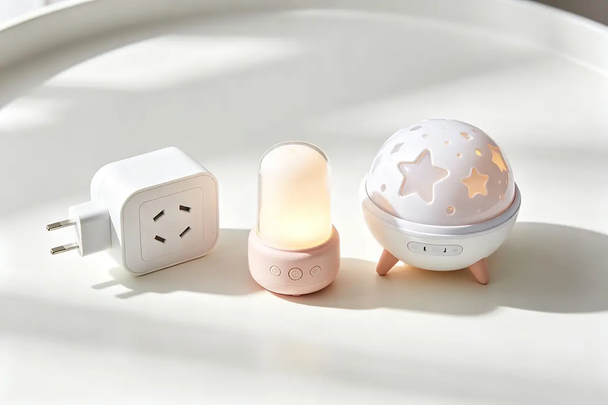 Three different types of baby night lights including plug-in, portable, and star projector models