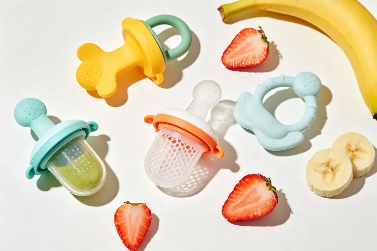 Collection of baby fresh food feeders and teething toys in different colors with fresh cut strawberries and banana on white surface
