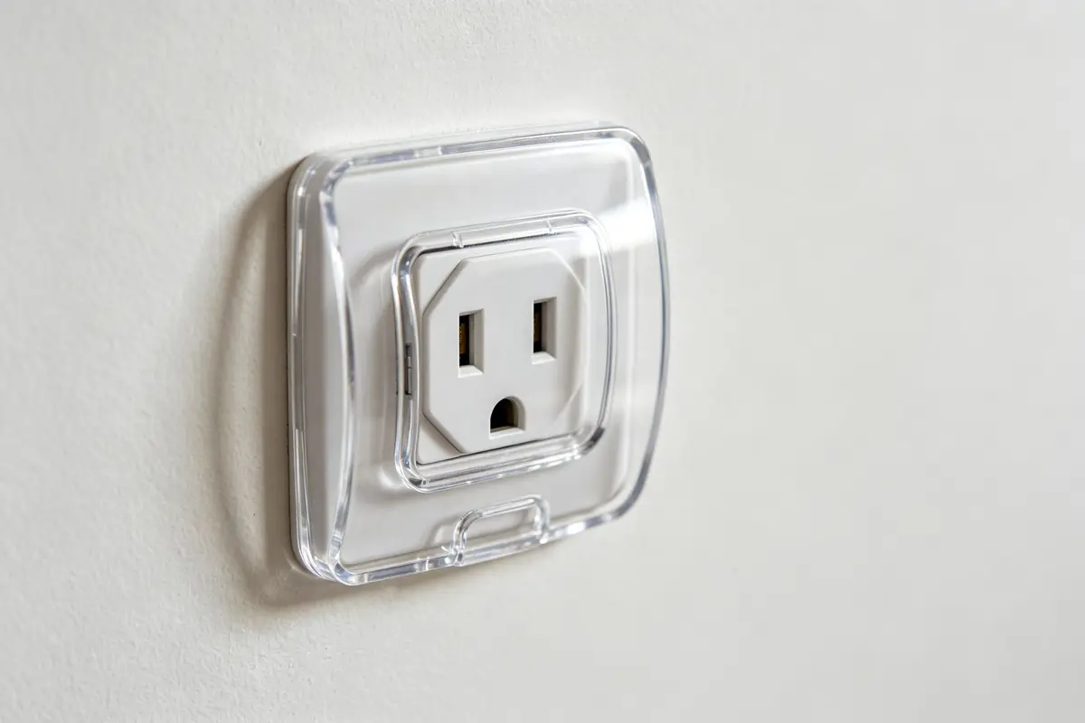 Close-up of a clear outlet cover plug installed on a wall electrical outlet in clean modern wall baby proofing