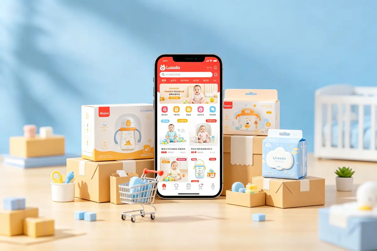 Southeast Asian e-commerce shopping scene with baby products