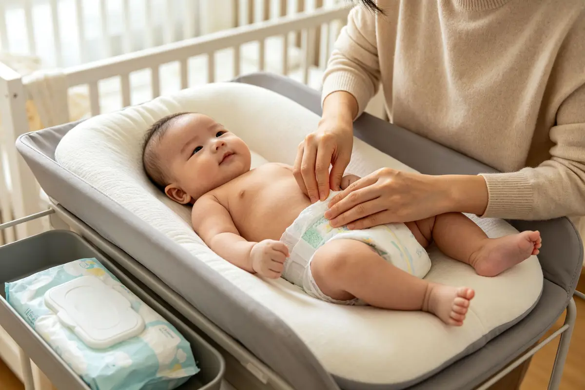 Mother changing baby diaper on soft contoured changing pad in nursery