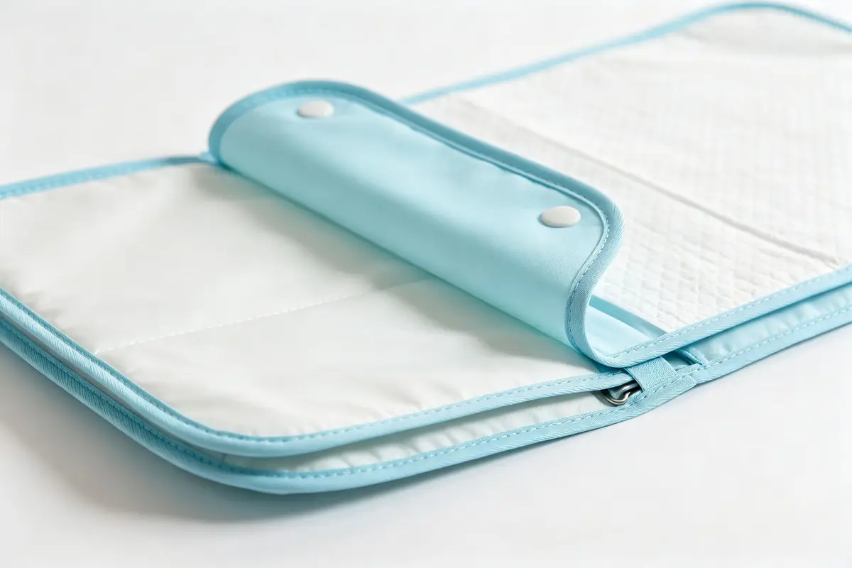 Close-up of a portable foldable baby changing pad showing waterproof wipeable surface on a clean white background