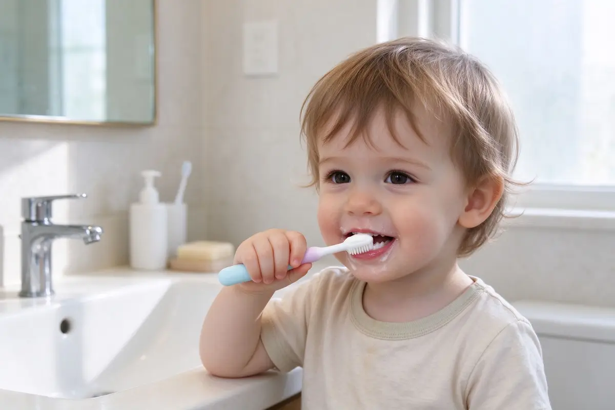 A toddler brushing teeth with a soft baby toothpaste, bathroom counter, close-up