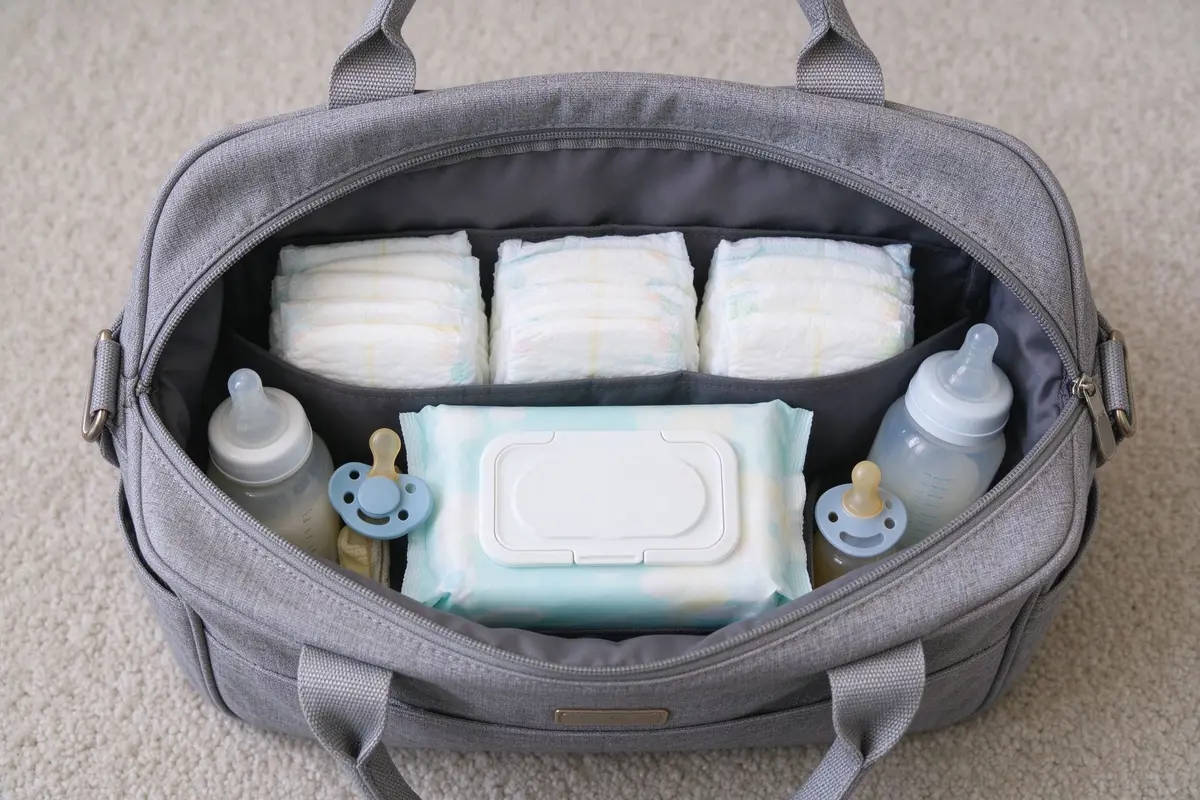 Open diaper bag showing organized baby essentials: diapers, wipes, bottles, pacifier, flat lay