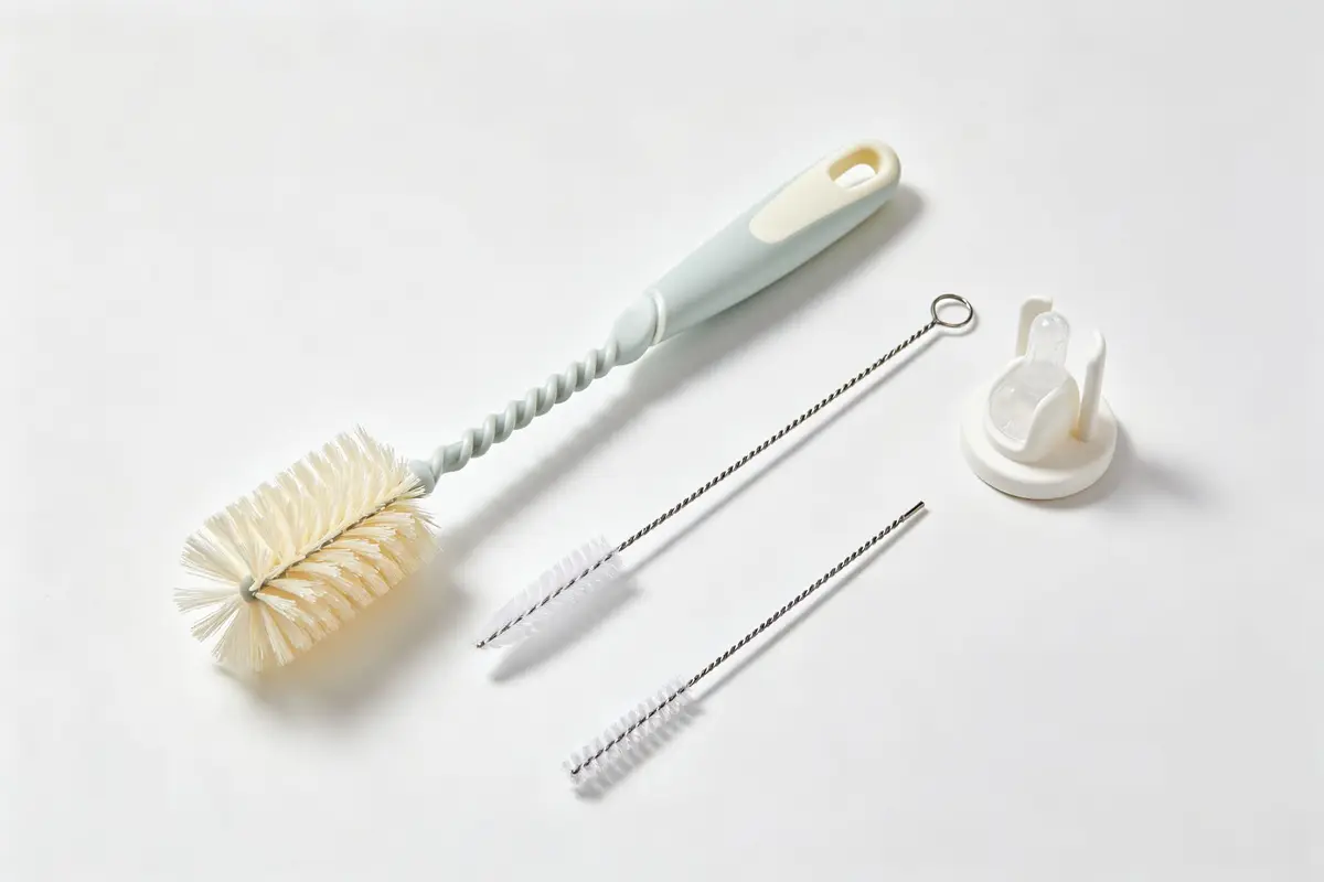 Baby bottle brushes including long-handled spiral brush, small nipple brush, straw cleaner brush, and cleaning stand on white background