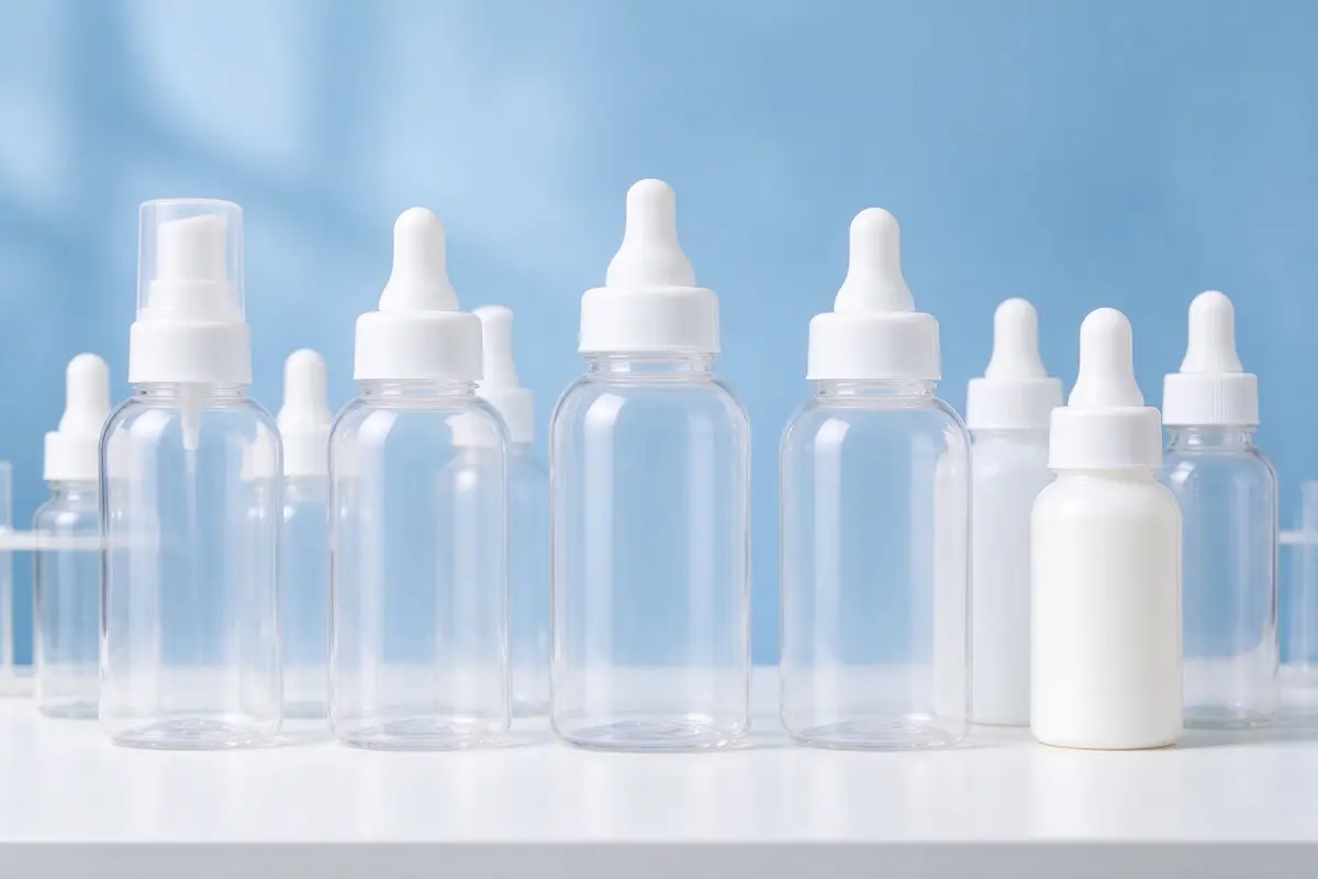 Row of completely blank unbranded clear baby product bottles on a white lab bench, soft blue background
