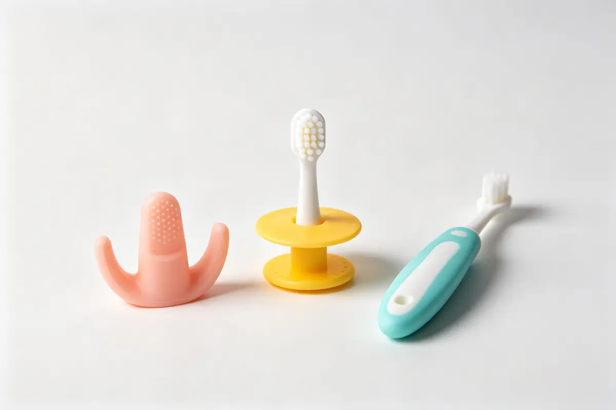 Three types of baby toothbrushes including silicone finger brush, training toothbrush, and toddler toothbrush on white background