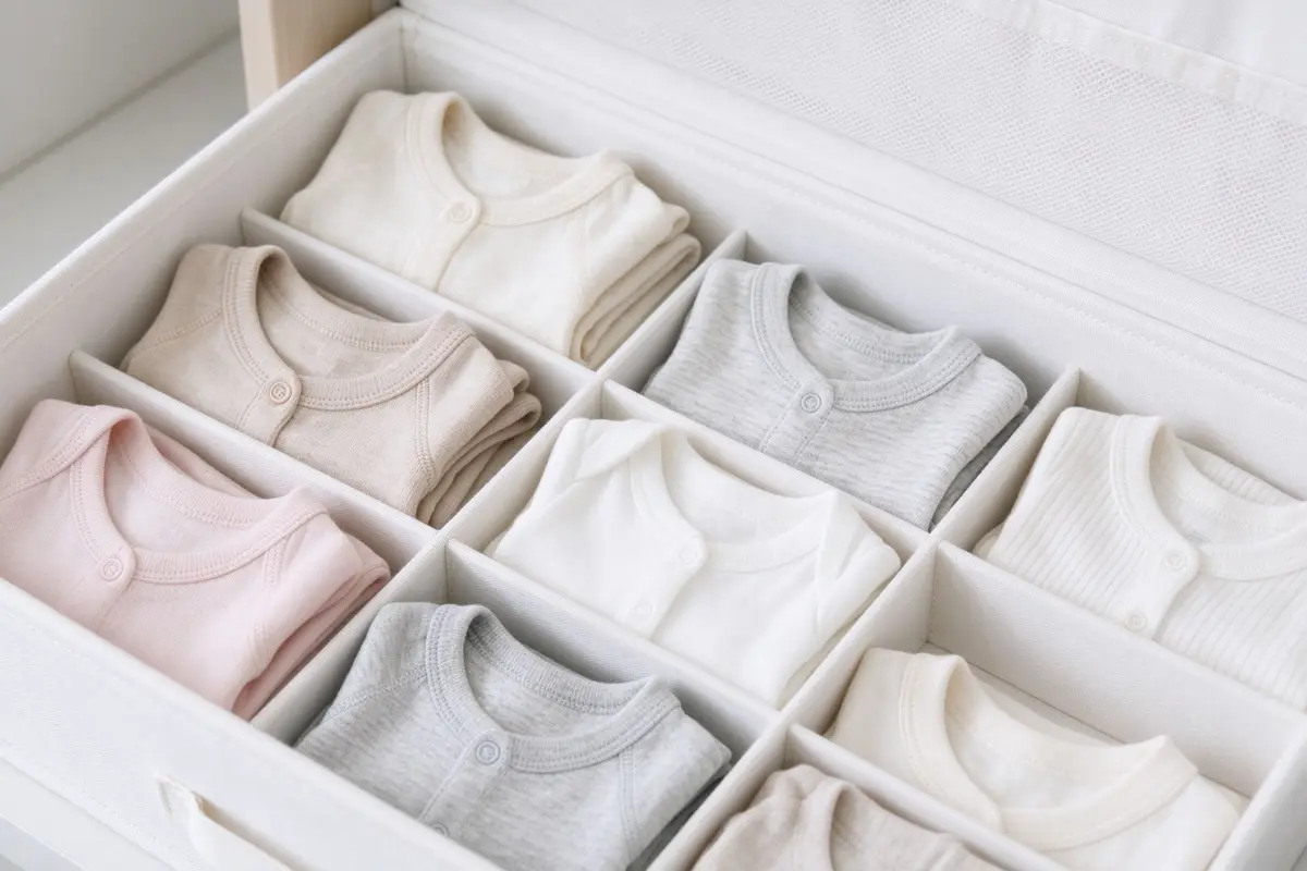 Close-up of white fabric drawer organizer compartments with folded baby onesies in neutral tones, minimalist nursery storage