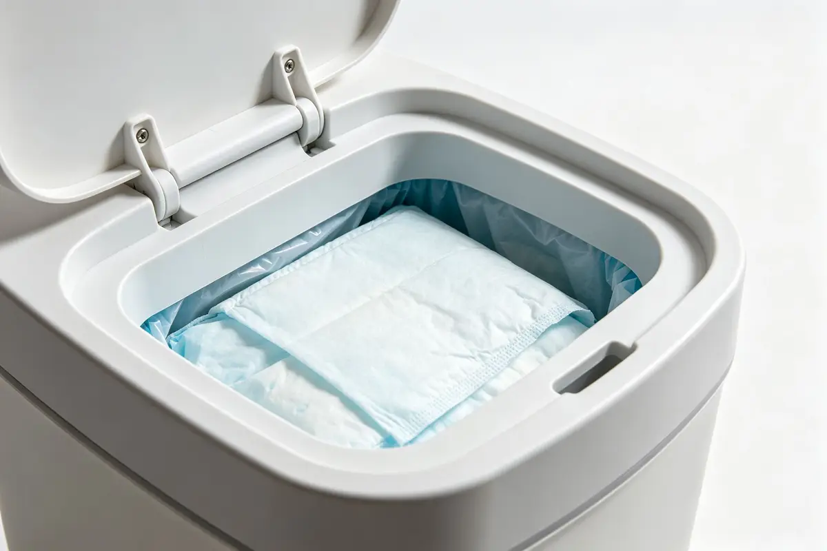Close-up of a diaper pail lid opening mechanism showing how used diapers are sealed inside with a liner
