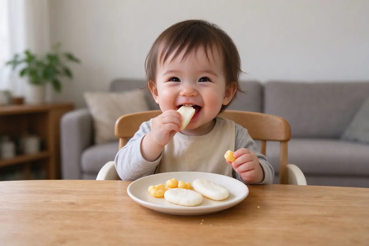A happy toddler eating allergy-free rice cakes and puffs at a wooden table