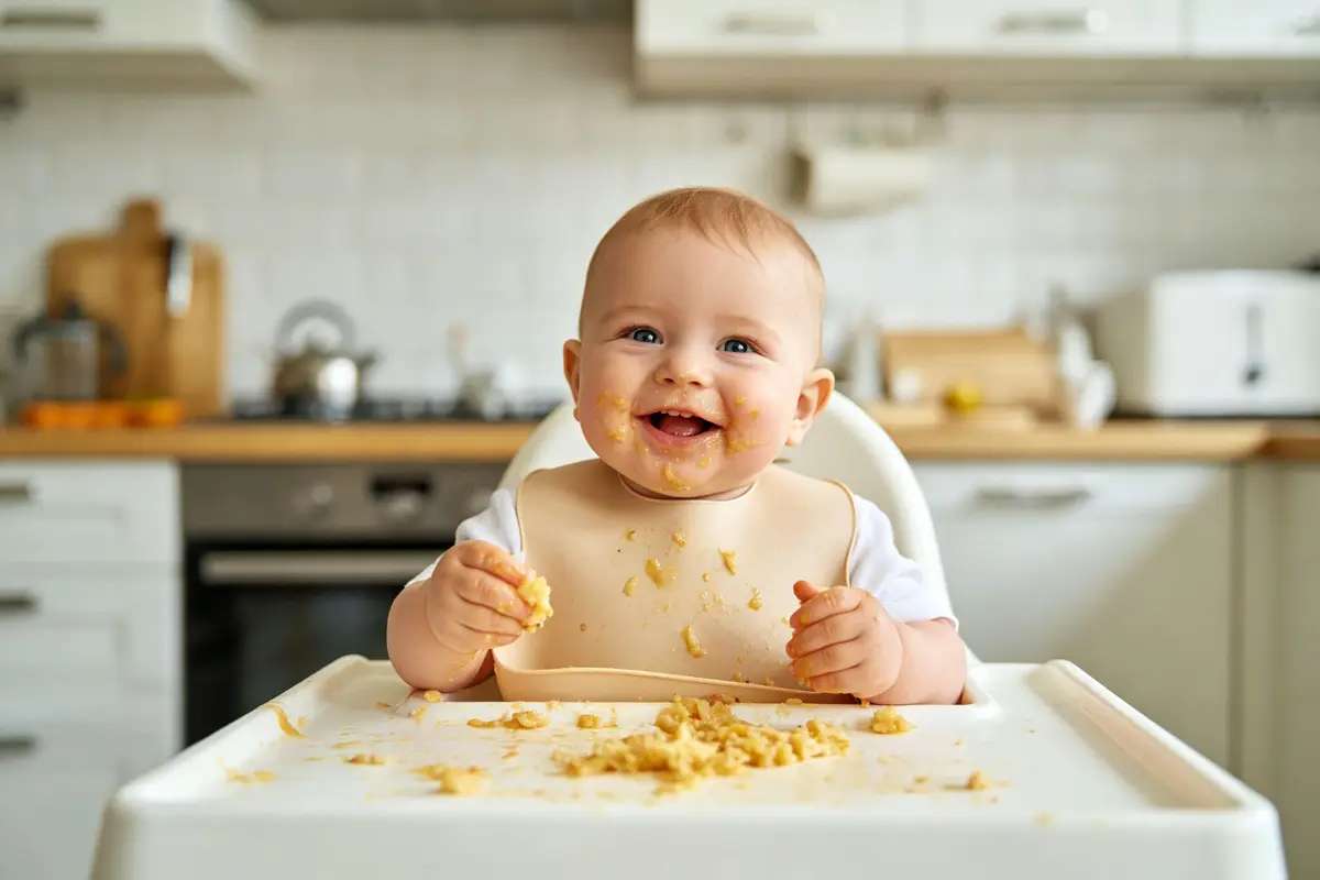 Happy baby eating messy meal in high chair