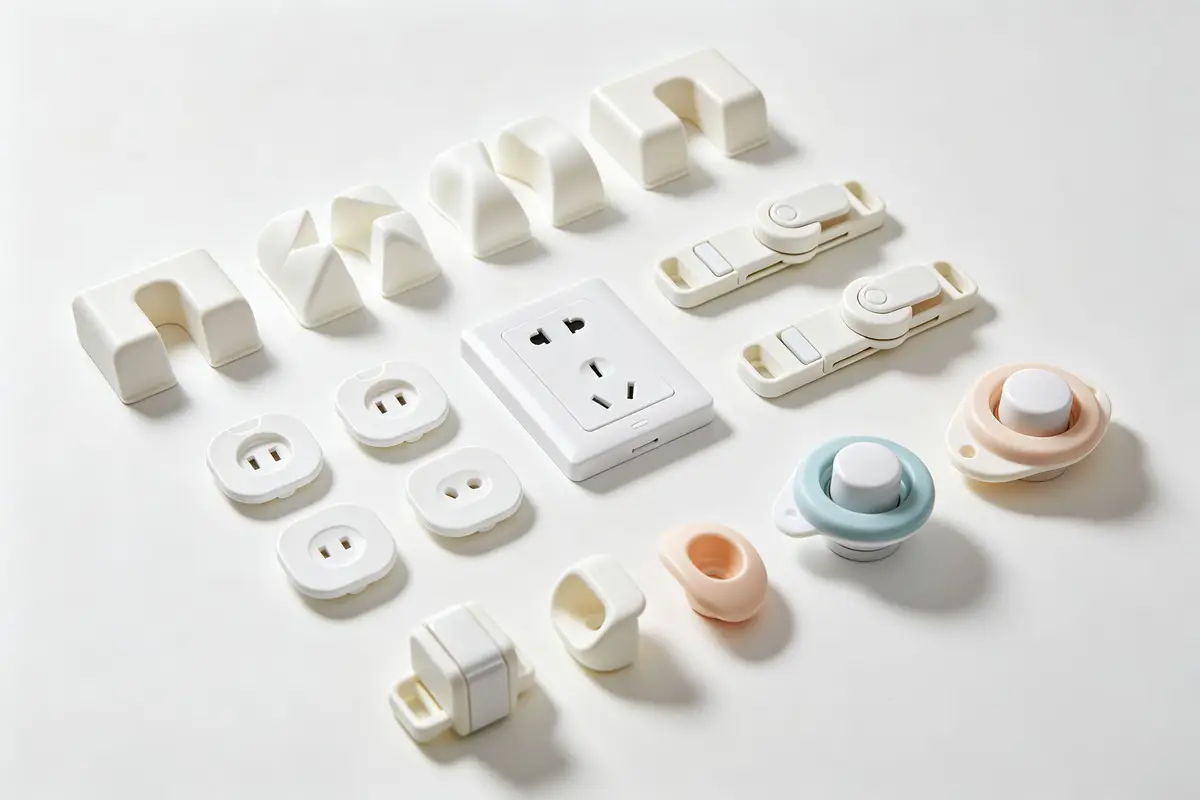 Baby proofing essentials safety gate corner protectors outlet covers cabinet locks door knob covers on white surface