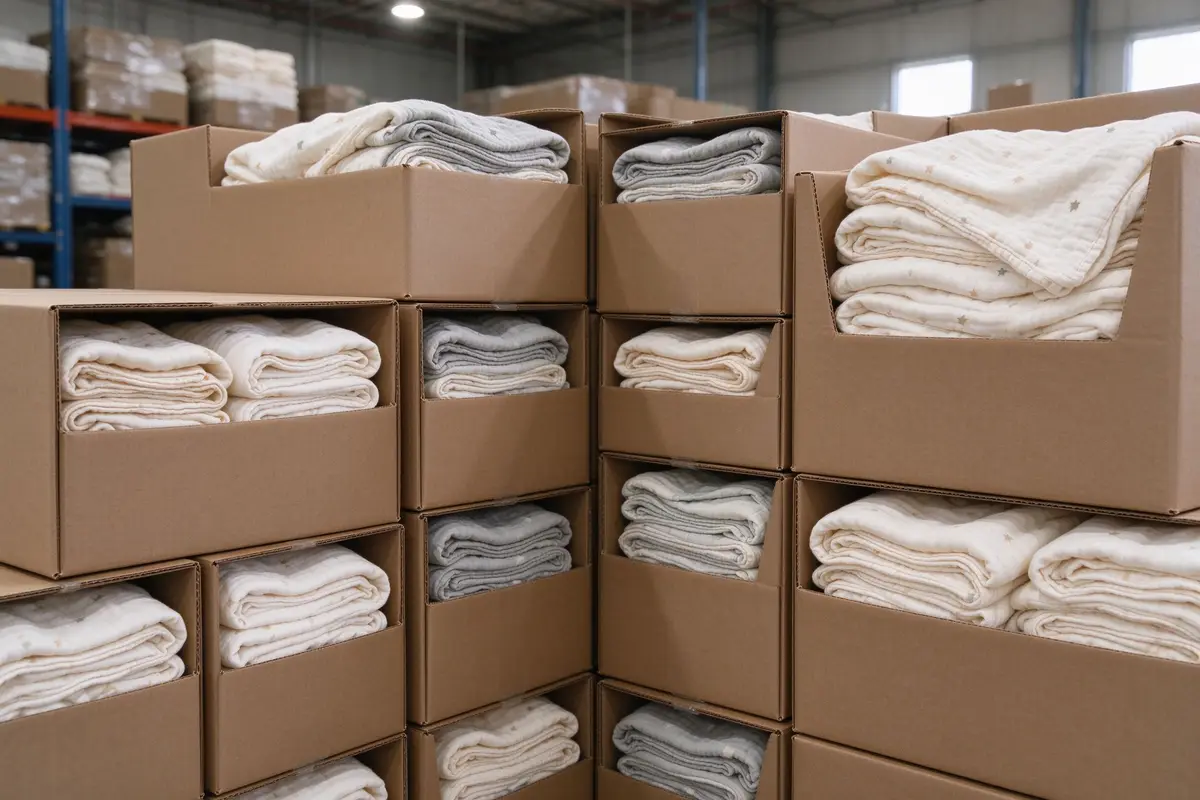 Bulk packages of organic cotton baby towels in plain cardboard boxes stacked in a clean warehouse